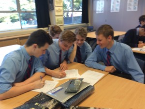 Julian Doyle, Robbie Matchett, Will Dyster, Zac Lawler with Le Vesinet exchange student Oscar Beriot learning about popular movie genres in France